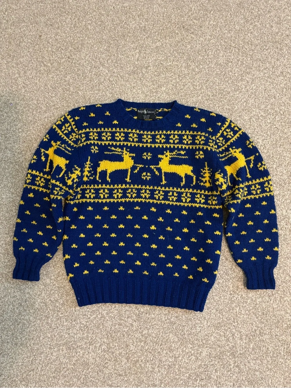 Vintage 90s Ralph Lauren Reindeer Sweater Hand Knit Wool Fair Isle Christmas M